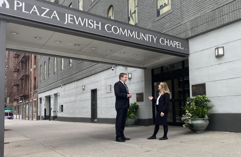 Darren Picht, executive vice president of funeral operations, and funeral director Laura Vaslo outside Plaza Jewish Community Chapel in Manhattan, a nonprofit funeral home that has helped bring greater transparency and affordability to Jewish burials. (photo credit: COURTESY PJCC/JTA)