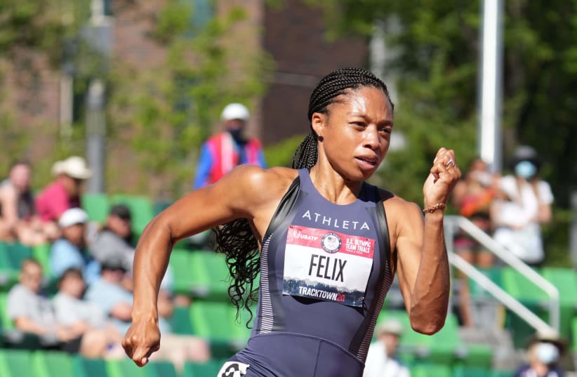 Jun 25, 2021; Eugene, OR, USA; Allyson Felix runs in a women's 200m semifinal during the US Olympic Team Trials at Hayward Field. (photo credit: KIRBY LEE-USA TODAY SPORTS)