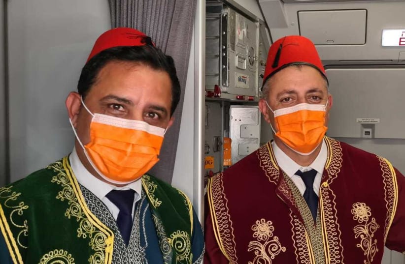 Israir flight attendants greet passengers on the first flight to Morocco in festive garb. (photo credit: Courtesy)