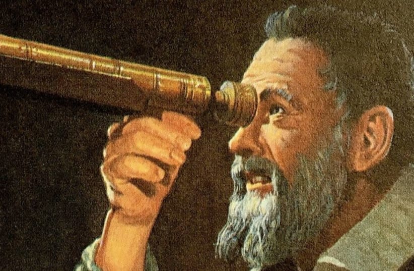 Illustative photo of Galileo Galilei refracting through a telescope.  (photo credit: THE GALILEO PROJECT)