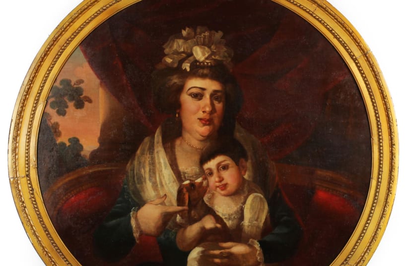 A round oil portrait of Miriam Marks Nones holding her child, circa 1791. (Arnold & Deanne Kaplan Collection of Early American Judaica) (photo credit: Courtesy)