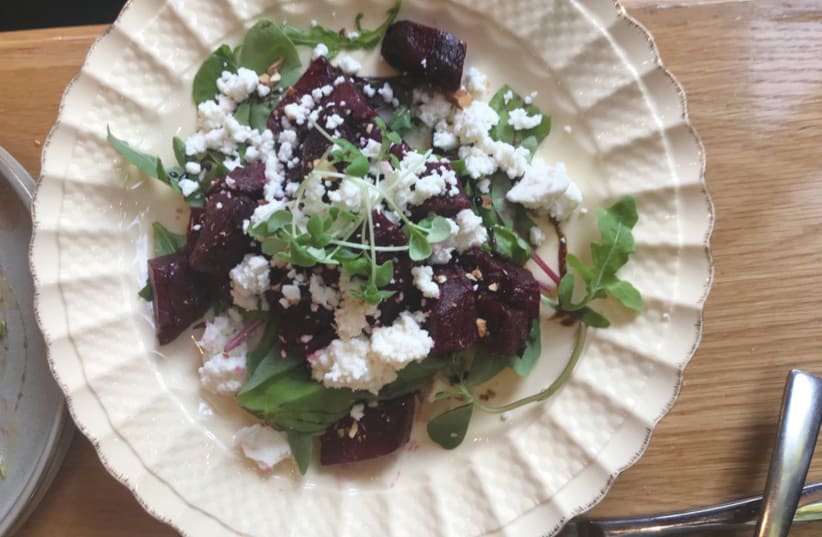  Roasted beetroot cubes interspersed with a mildly salty feta-like crumbly cheese (photo credit: ALEX DEUTCH)