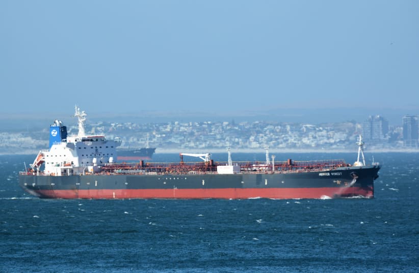 The Mercer Street, a Japanese-owned Liberian-flagged tanker managed by Israeli-owned Zodiac Maritime that was attacked off Oman coast as seen in Cape Town, South Africa, December 31, 2015 in this picture obtained from ship tracker website, MarineTraffic.com.  (photo credit: JOHAN VICTOR/HANDOUT VIA REUTERS)