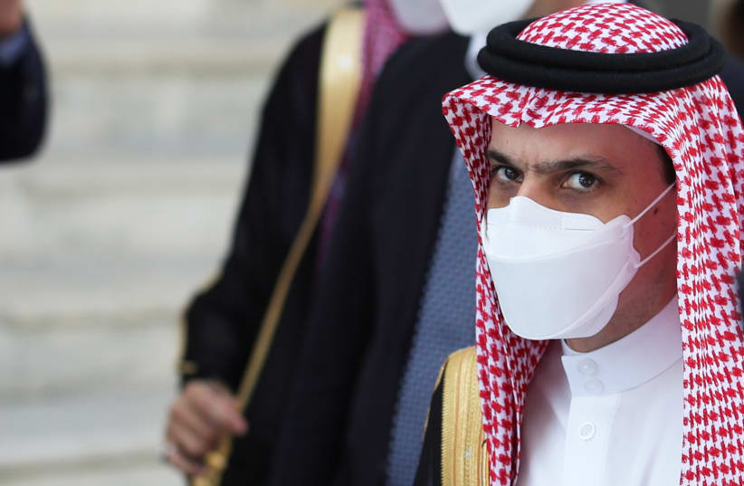 Saudi Arabia's Foreign Minister Faisal bin Farhan Al-Saud arrives to attend the G20 meeting of foreign and development ministers in Matera, Italy, June 29, 2021. (photo credit: REUTERS/YARA NARDI)