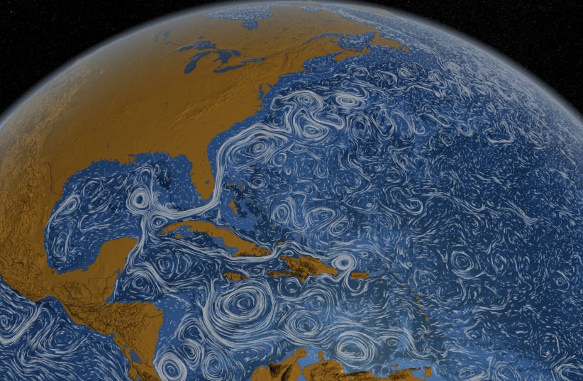 A still image showing the Gulf Stream around North America taken from Perpetual Ocean, a visualization of some of the world's surface ocean currents from June 2005 through December 2007, supplied in this handout photo by NASA March 27, 2012.  (photo credit: REUTERS/HANDOUT/NASA)