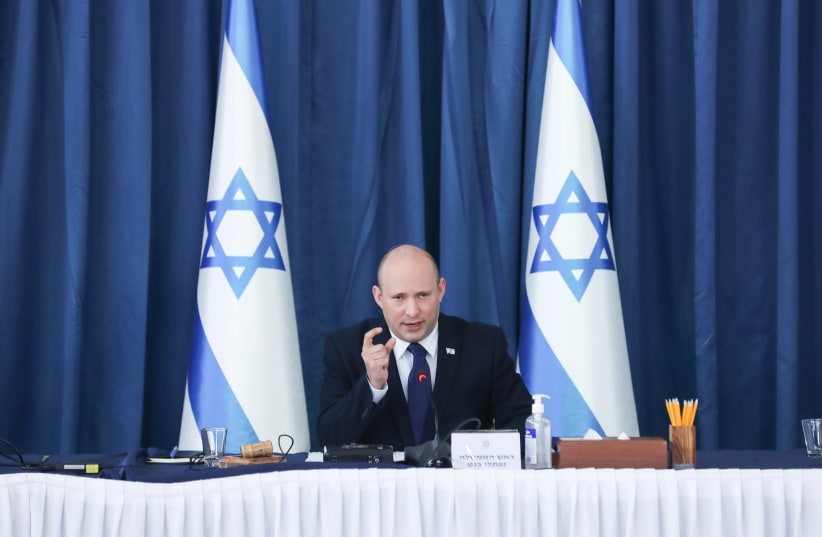 Israeli Prime Minister Naftali Bennett leads a cabinet meeting at the Prime Minister's Office in Jerusalem on August 8, 2021.  (photo credit: OHAD TZVEIGENBERG‏/POOL)