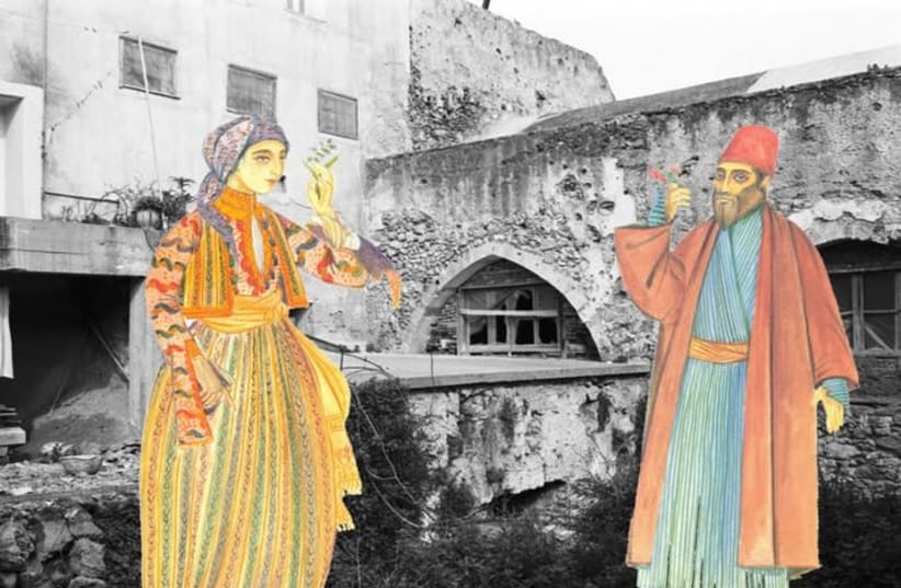 Composite image of paintings by Nikos Stavroulakis appearing in front of a photograph he took of the Etz Hayyim Synagogue ruins in Hania, Crete, prior to the restoration efforts he led (photo credit: NIKOS STAVROULAKIS/NATIONAL LIBRARY OF ISRAEL)