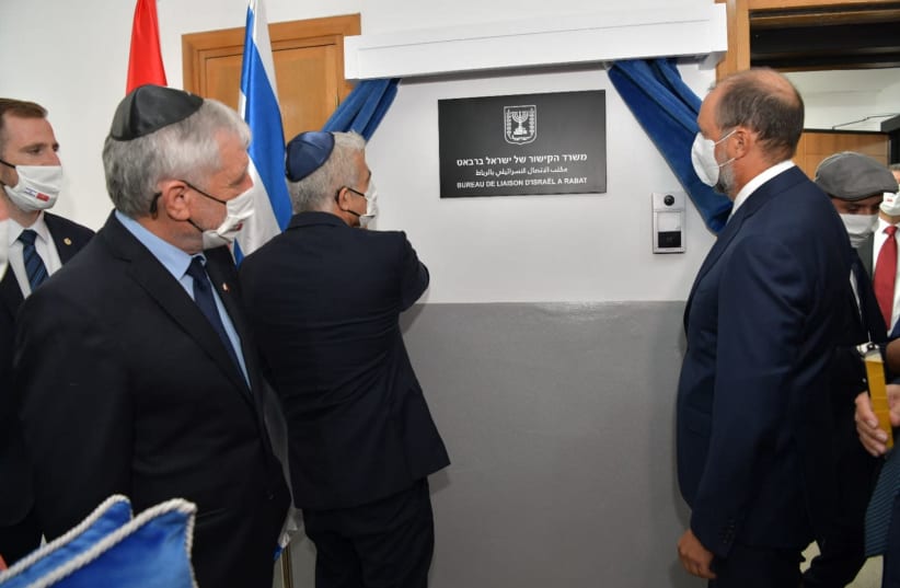 Foreign Minister Yair Lapid is seen inaugurating the Israeli Liaison Office in Morocco, on August 12, 2021. (photo credit: SHLOMI AMSALEM/GPO)
