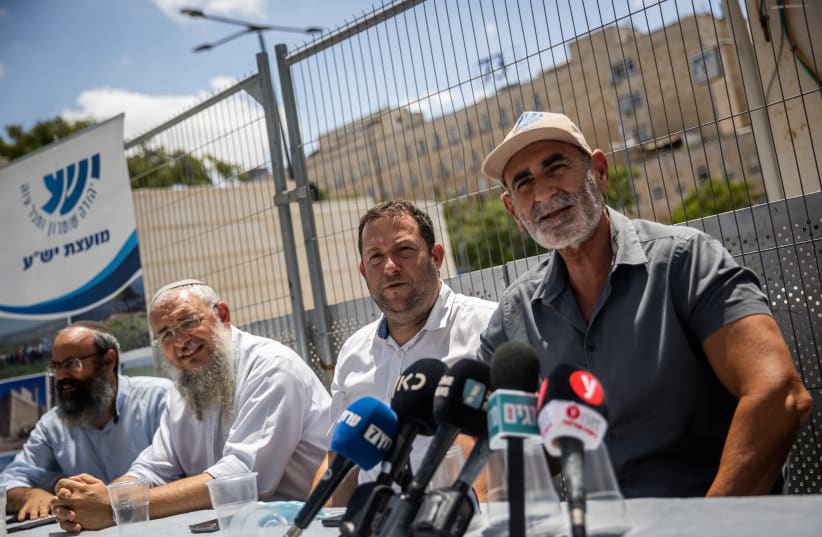  Judea, Samaria and the Jordan Valley heads of councils attend a press conference of the Yesha Council outside the Prime Minister's Office in Jerusalem, August 12, 2021 (photo credit: YONATAN SINDEL/FLASH90)