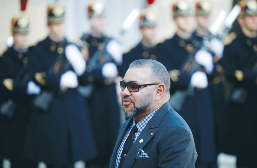 MOROCCO’S KING MOHAMMED VI arrives at Élysée Palace in Paris during 2017.  (photo credit: PHILIPPE WOJAZER/REUTERS)