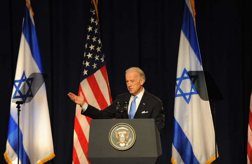 Then- Vice President Joe Biden gestures during a speech in Tel Aviv university on March 11, 2010. (photo credit: GILI YAARI/FLASH90)