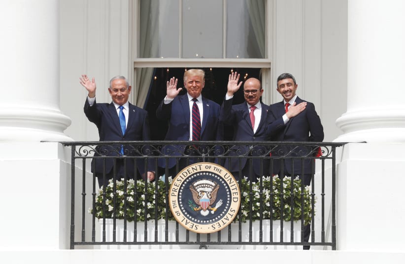  THE SIGNING CEREMONY for the Abraham Accords at the White House in September 2020. (photo credit: TOM BRENNER/REUTERS)