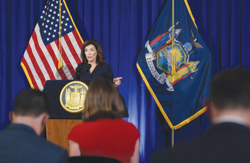  NEW YORK LIEUTENANT Governor Kathy Hochul speaks during a news conference the day after Governor Andrew Cuomo announced his resignation, in Albany.  (photo credit: REUTERS)