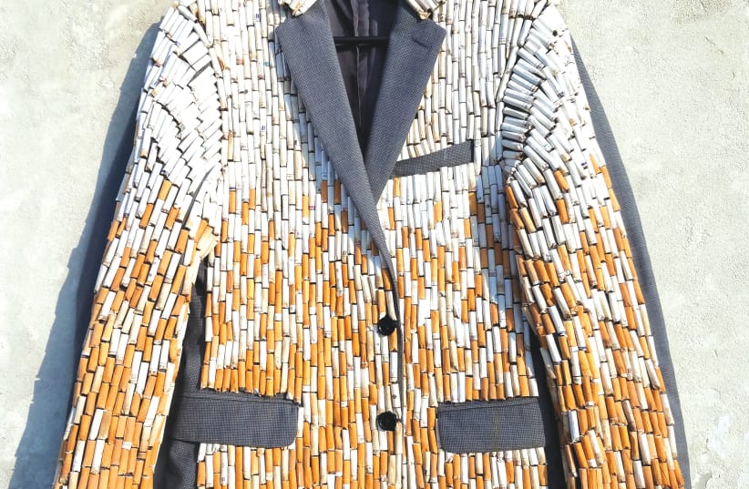  EVELYN ANCA’S ‘Butt Jacket.’ As the title suggests, the piece incorporates cigarette butts, loads of them. (photo credit: Courtesy)