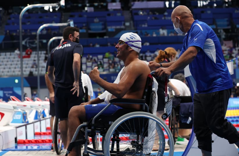 Iyad Shalabi of Israel reacts after winning gold. (photo credit: REUTERS/MOLLY DARLINGTON)