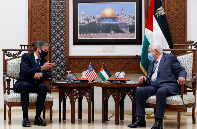  US Secretary of State Antony Blinken meets with Palestinian Authority President Mahmoud Abbas in Ramallah (photo credit: MAJDI MOHAMMED/POOL VIA REUTERS)