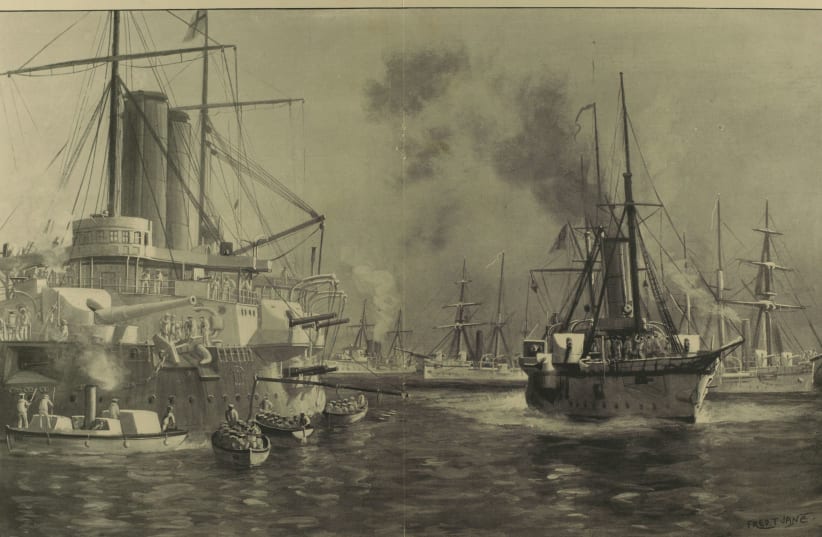  British warships are seen at the battle for the sultan's palace in the Anglo-Zanzibar War. (photo credit: Wikimedia Commons)