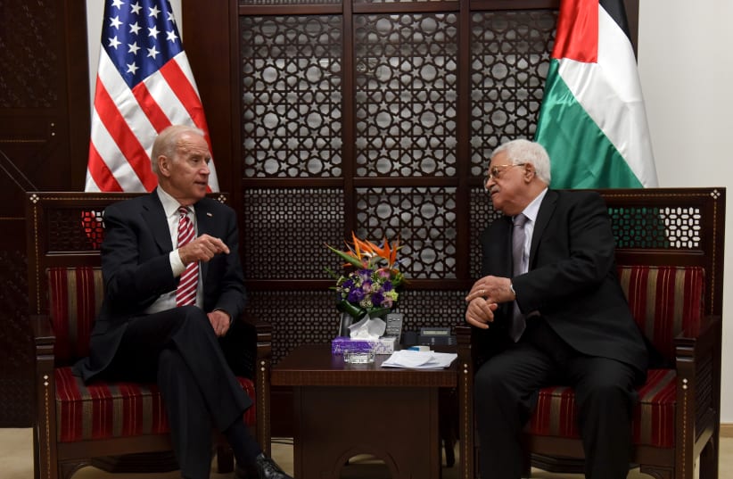 Then US vice-president Joe Biden meets with Palestinian President Mahmoud Abbas in the West Bank city of Ramallah March 9, 2016. (photo credit: REUTERS/DEBBIE HILL/POOL)