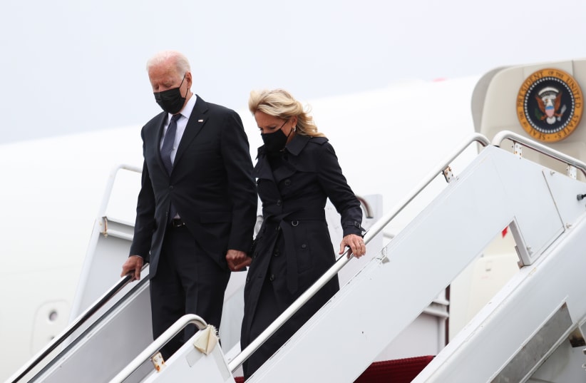 US President Joe Biden and first lady Jill Biden arrive at Dover Air Force Base in Dover, Delaware, US, August 29, 2021 (photo credit: REUTERS/TOM BRENNER)