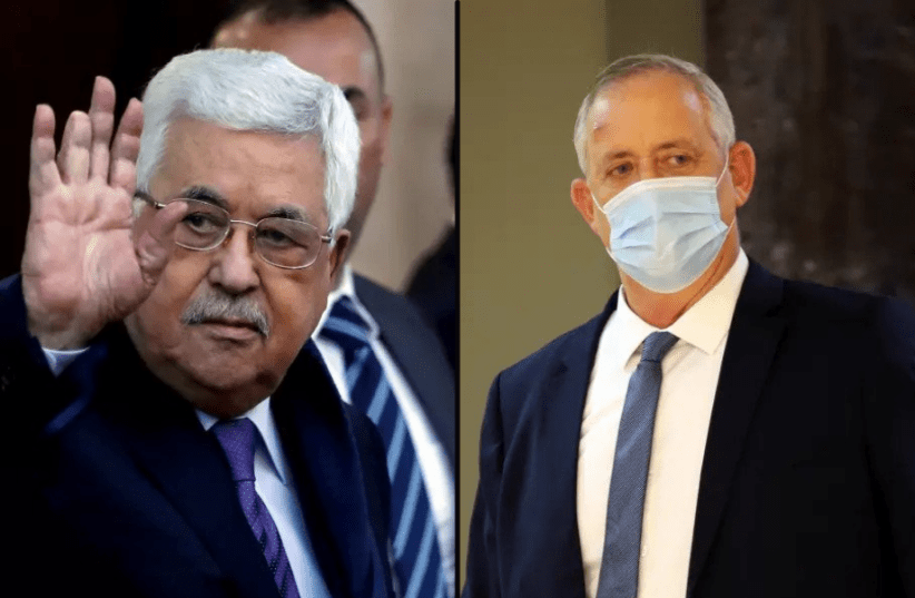  Palestinian Authority President Mahmoud Abbas and Israeli Defense Minister Benny Gantz (photo credit: ALEX KOLOMOISKY / POOL, MOHAMAD TOROKMAN/REUTERS)