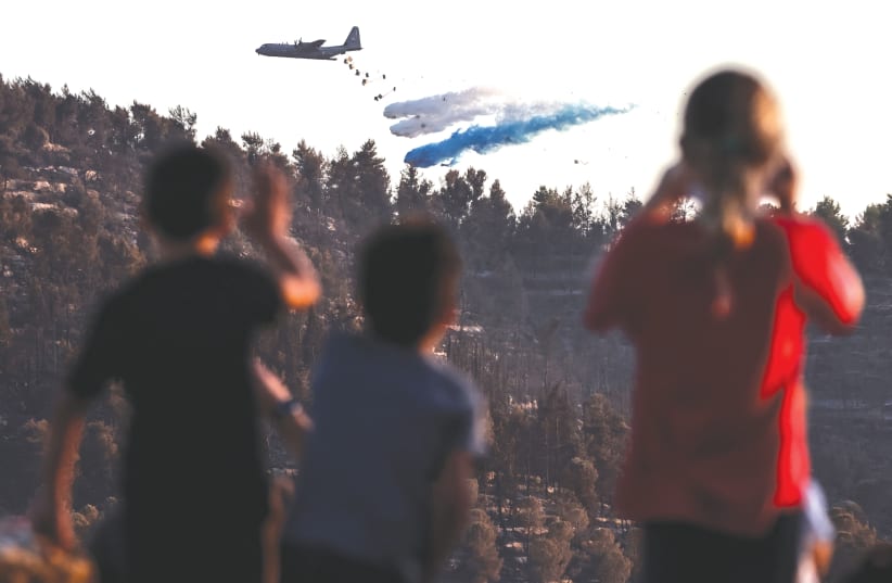  CHILDREN WATCH a military plane disperse fire retardant to extinguish a blaze near Kibbutz Tzuba, outside Jerusalem, last month.  (photo credit: RONEN ZVULUN/REUTERS)