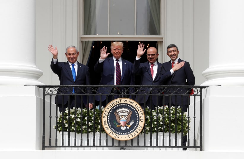  (FROM LEFT) Prime minister Benjamin Netanyahu, US president Donald Trump, Bahrain’s Foreign Minister Abdullatif Al Zayani and the UAE’s bin Zayed at the White House after the Abraham Accords signing, September 15, 2020. (photo credit: REUTERS/TOM BRENNER/FILE PHOTO)