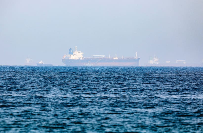  MERCER STREET, an Israeli-managed oil tanker that was attacked, is seen off Fujairah Port in United Arab Emirates, last month (photo credit: Rula Rouhana/Reuters)