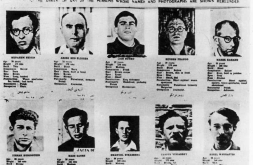  PALESTINE POLICE Force wanted  poster of Irgun and Lehi members.  Menachem Begin appears at the top  left. (photo credit: Wikimedia Commons)