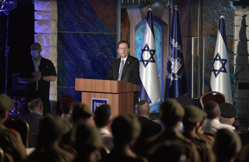  President Isaac Herzog speaks at the traditional Slichot service at the synagogue of the President's Residence (photo credit: KOBI GIDEON/GPO)