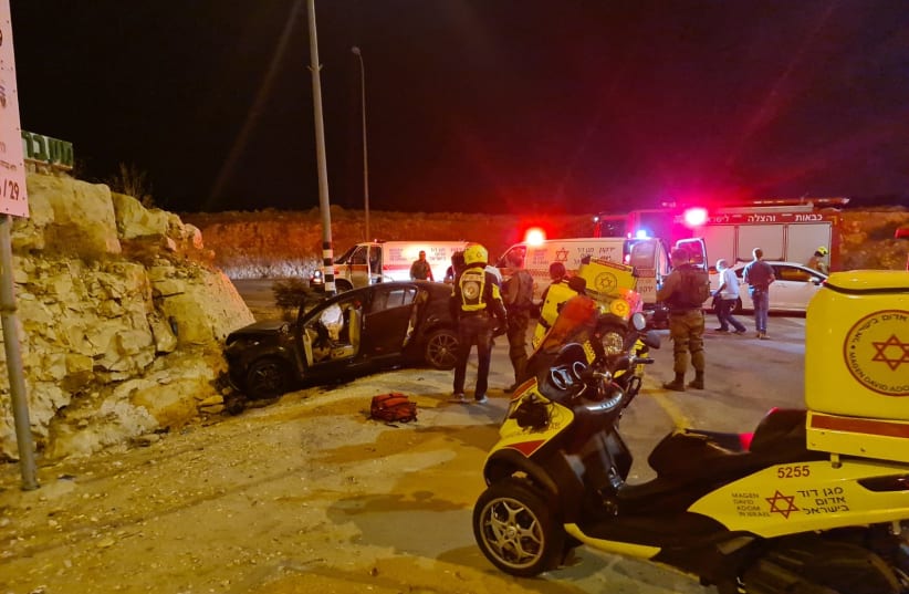  The crashed car in the incident near Eliyahu checkpoint on Highway 55 on September 12, 2021. (photo credit: MAGEN DAVID ADOM)