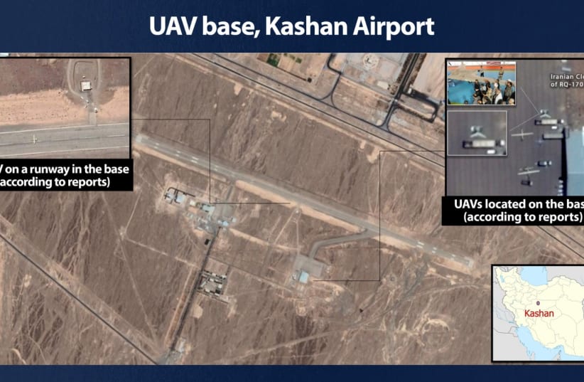  An aerial image of the Kashan base where Iran is training militias to fly unmanned aerial vehicles. (photo credit: DEFENSE MINISTRY)