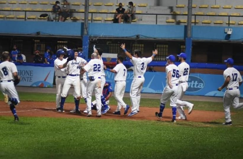  Israel's baseball team celebrates their win over Russia at the start of the European Championships, on September 12, 2021. (photo credit: ISRAEL BASEBALL ASSOCIATION)