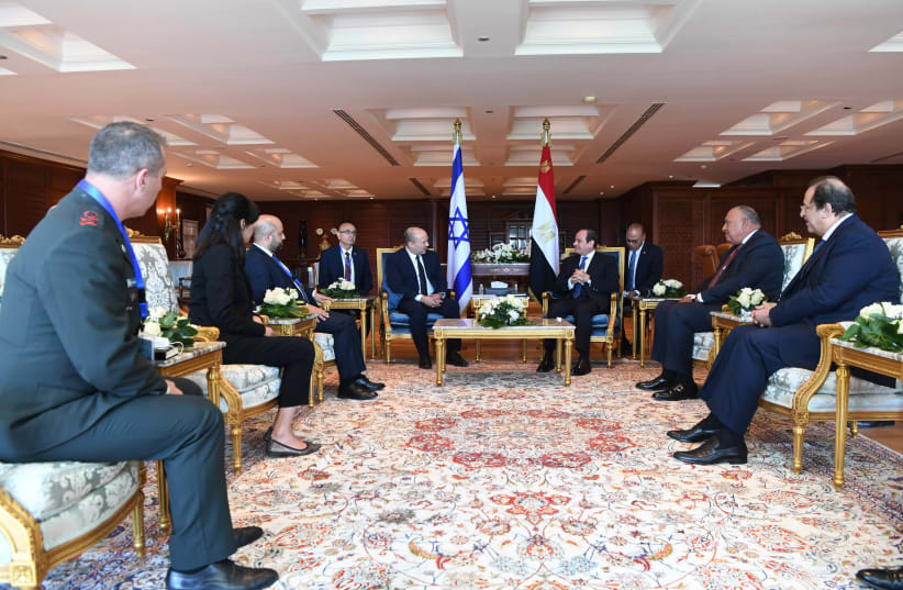  The Egypt-Israel meeting, led by Prime Minister Naftali Bennett and Egyptian president Abdel Fattah al-Sisi on September 13, 2021. (photo credit: KOBI GIDEON/GPO)