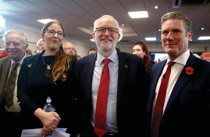  Jeremy Corbyn, Keir Starmer and Laura Pidcock at a campaign meeting in Harlow on  November 5, 2019.  (photo credit: HANNAH MCKAY/ REUTERS)