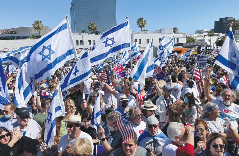  Pro-Israel advocates gather in Los Angeles at an IAC-organized rally in May which was part of the organization’s nationwide campaign supporting Israel.  (photo credit: IAC)