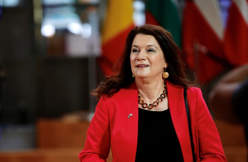Sweden's Foreign Minister Ann Linde arrives for the EU foreign ministers meeting at the European Council building in Brussels, Belgium May 10, 2021. (photo credit: Olivier Matthys/Pool via REUTERS)