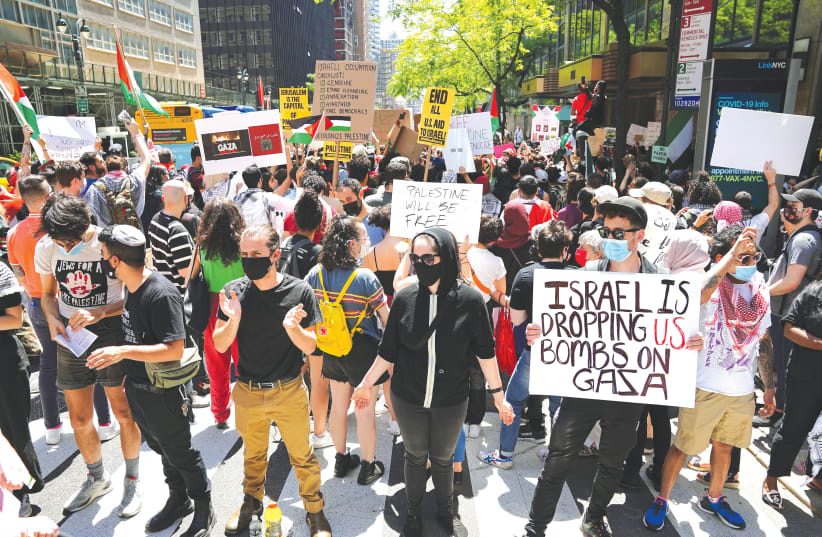  PROTESTERS, MANY of them Jewish, demonstrate against Israel across the street from the Israeli Consulate in New York last May.  (photo credit: CARLO ALLEGRI/REUTERS)