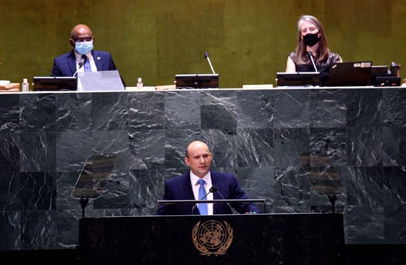   Naftali Bennett at the UN General Assembly, September 27, 2021 (photo credit: AVI OHAYON - GPO)