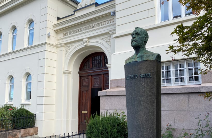  An outside view of the Norwegian Nobel Institute with a bust of Alfred Nobel, in central Oslo, Norway September 14, 2021.  (photo credit: REUTERS/NORA BULI)