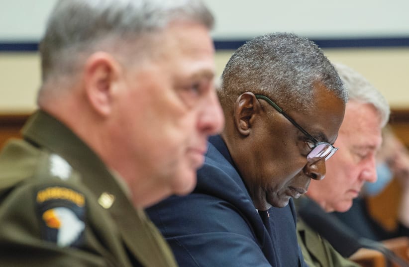  US DEFENSE SECRETARY Lloyd Austin (center) and military brass, including Chairman of the Joint Chiefs of Staff Gen. Mark A. Milley (left) are questioned in Congress last week on the withdrawal from Afghanistan. (photo credit: REUTERS)