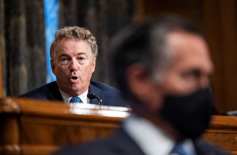  US Senator Rand Paul (R-KY) speaks during a Senate Homeland Security and Governmental Affairs hearing to discuss security threats 20 years after the 9/11 attacks, in Washington, DC, US September 21, 2021.  (photo credit: JIM LO SCALZO/POOL VIA REUTERS)