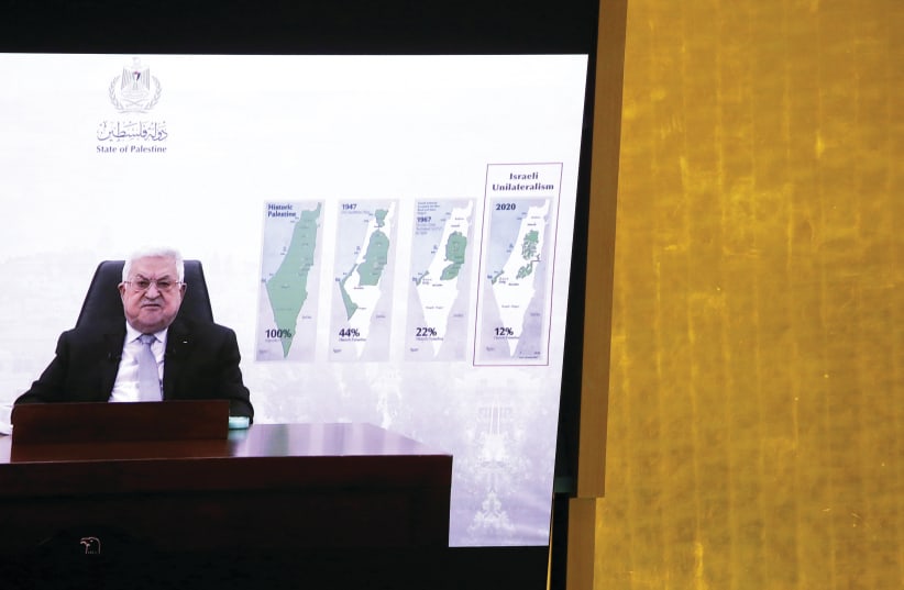  PALESTINIAN AUTHORITY President Mahmoud Abbas delivers a speech remotely at the UN General Assembly in New York in September, 2021. (photo credit: JOHN ANGELILLO/POOL VIA REUTERS)