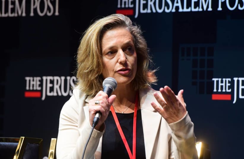  Israel's head of public health Dr. Sharon Alroy-Preis is seen speaking at the Jerusalem Post annual conference at the Museum of Tolerance in Jerusalem, on October 12, 2021. (photo credit: AVSHALOM SASSONI/MAARIV)