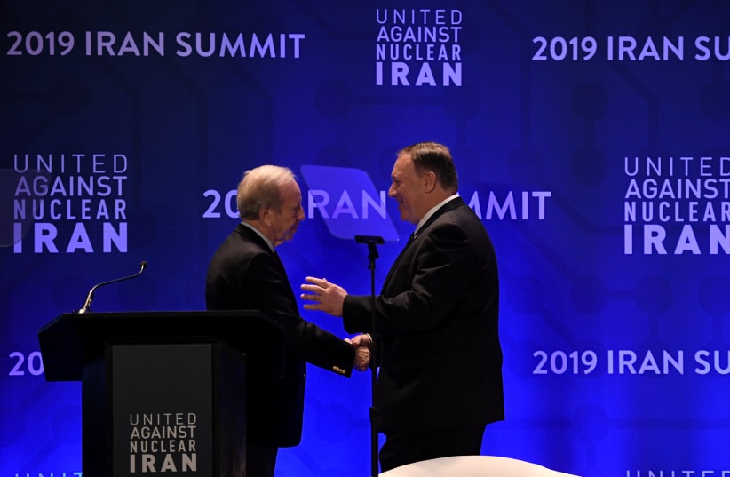  Then-US Secretary of State Mike Pompeo shakes hands with Joe Lieberman at the United Against Nuclear Iran Summit on the sidelines of the UN General Assembly on September 25, 2019. (photo credit: DARREN ORNITZ / REUTERS)
