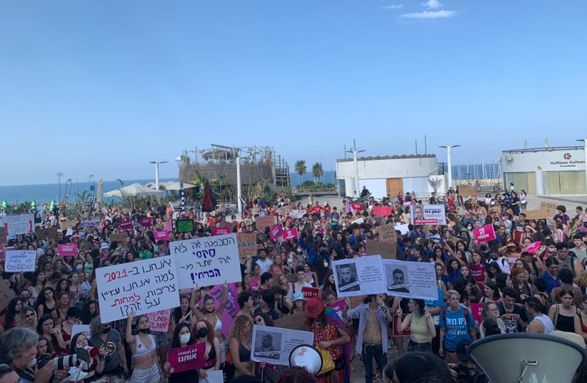  Hundreds of women gathering in Tel Aviv to protest rape culture, October 15, 2021 (photo credit: KULAN)