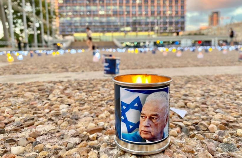  Candles set up at Rabin Square in Tel Aviv in memoriam for assassinated prime minister Yitzhak Rabin, October 18, 2021. (photo credit: AVSHALOM SASSONI/MAARIV)