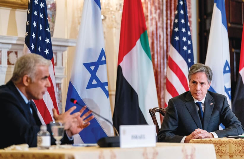  FOREIGN MINISTER Yair Lapid with US Secretary of State Antony Blinken at a joint news conference at the State Department las week. (photo credit: ANDREW HARNIK/POOL VIA REUTERS)