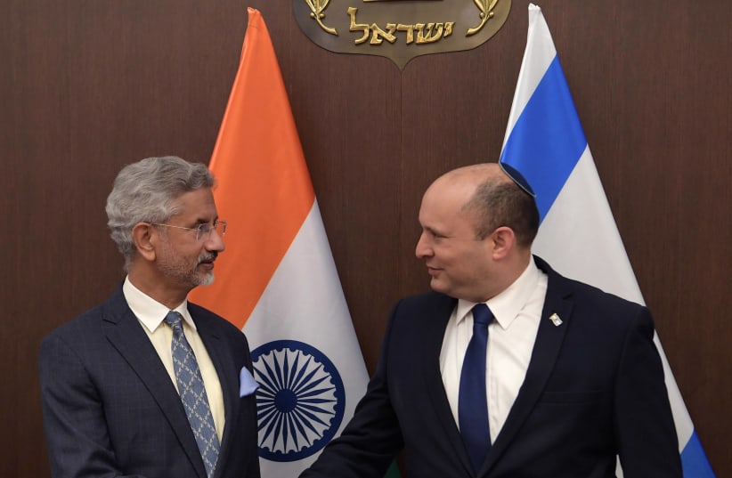  Prime Minister Naftali Bennett meeting with India's Foreign Minister Subrahmanyam Jaishankar, October 20, 2021.  (photo credit: AMOS BEN-GERSHOM/GPO)