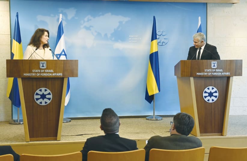 FOREIGN MINISTER Yair Lapid and Swedish Foreign Minister Ann Linde address the media in Jerusalem on Monday. (photo credit: Jorge Novominsky)
