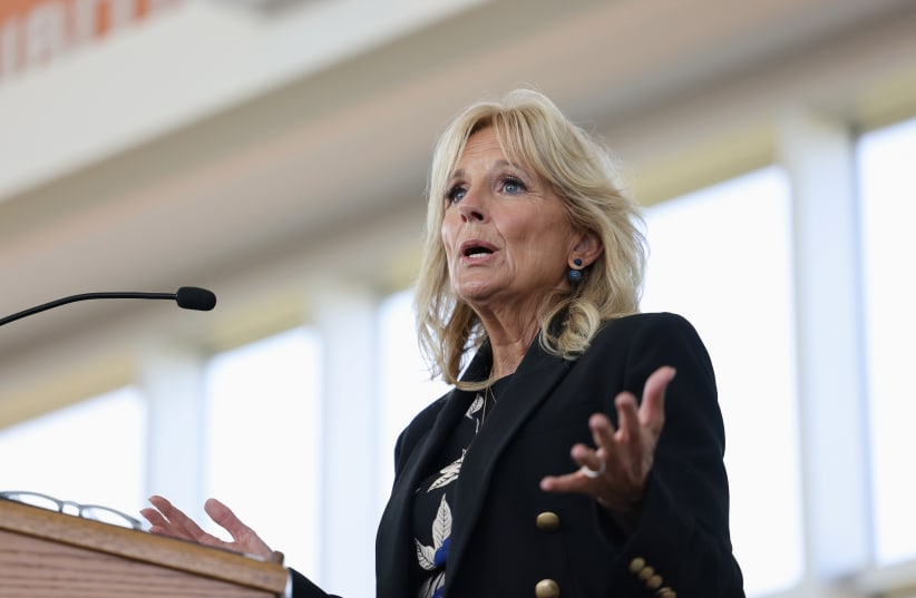 US first lady Jill Biden delivers remarks at Des Moines Area Community College, Ankeny Campus, in Ankeny (photo credit: EVELYN HOCKSTEIN/POOL/REUTERS)